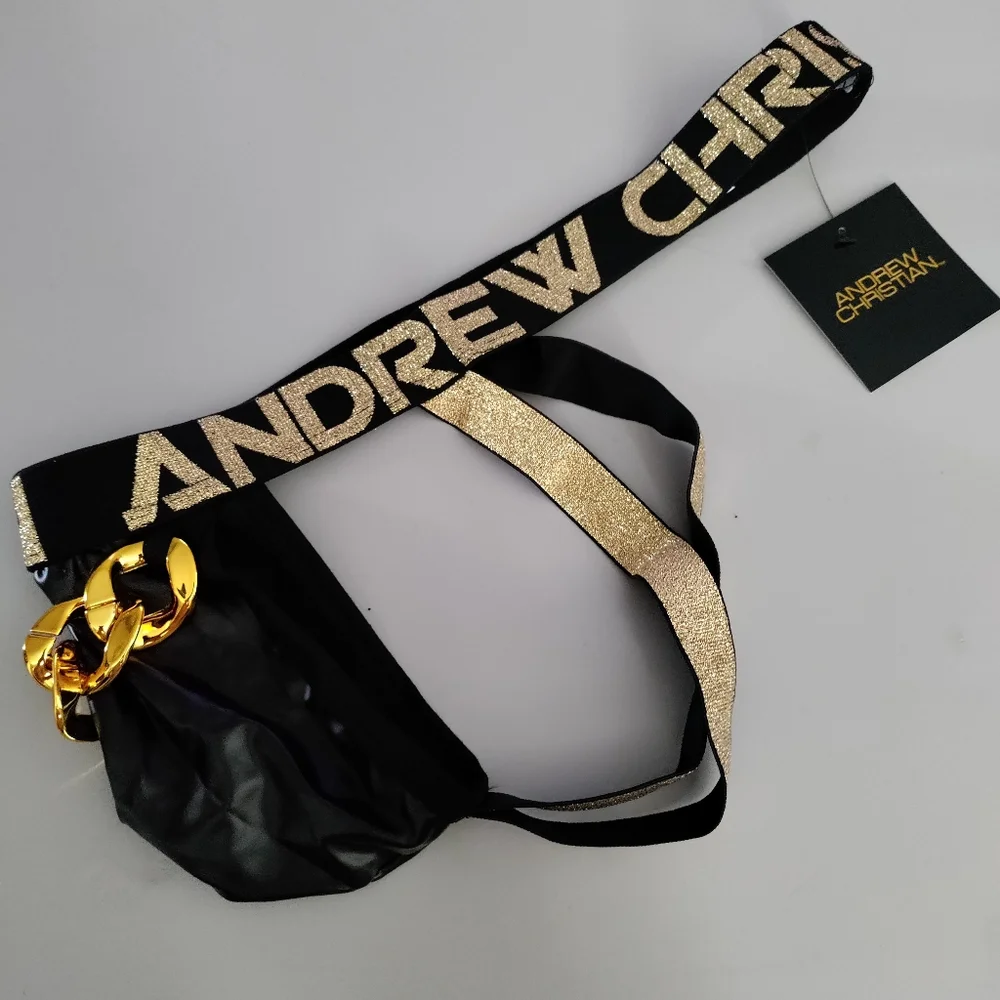 Andrew Christian jock Small Chains of Love latex look black gold SML NWT - Picture 4 of 9